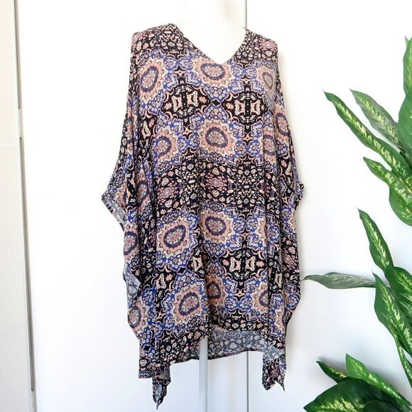 ASTR Blue Black Print Cold Shoulder Handkerchief Shift Mini Dress Tunic Coverup - Picture 7 of 13